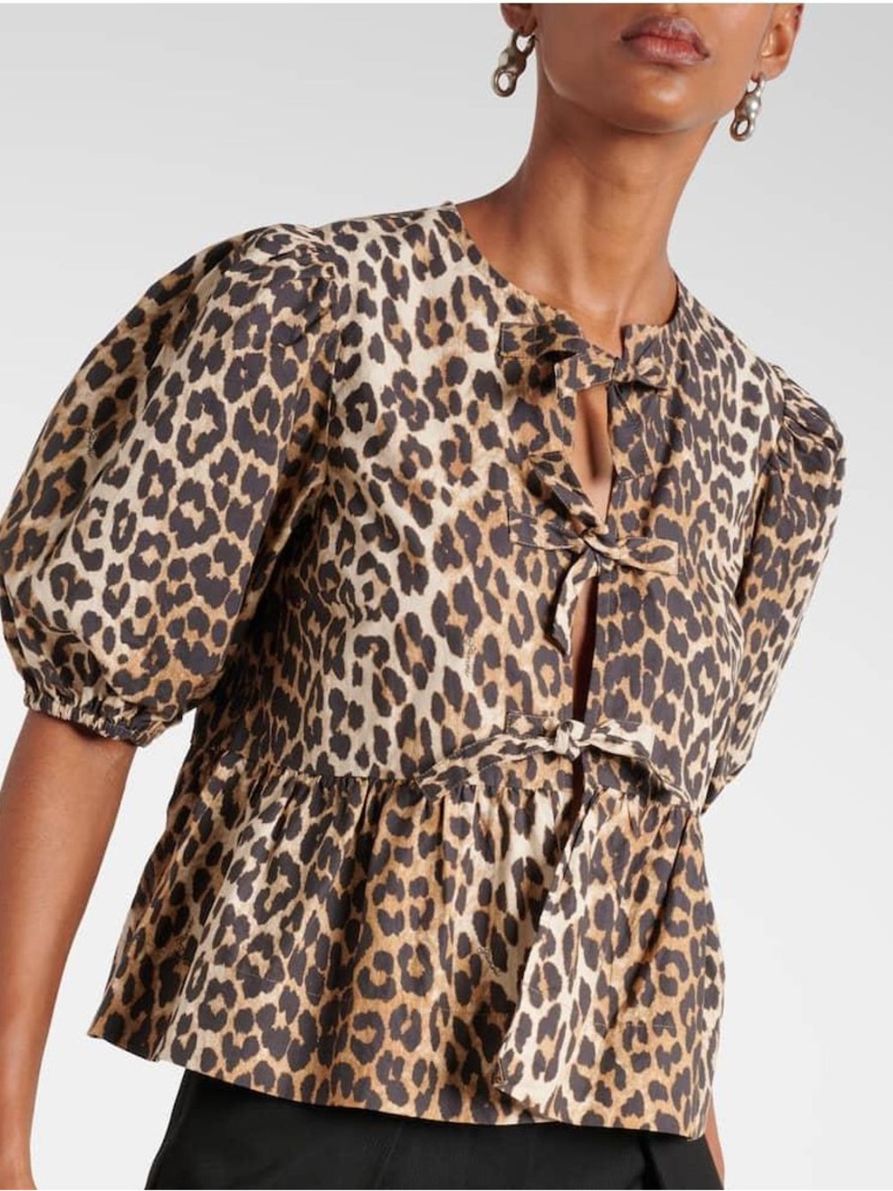 GANNI Leopard Print Puff-Sleeve Tie-Front Top - Brown/Black